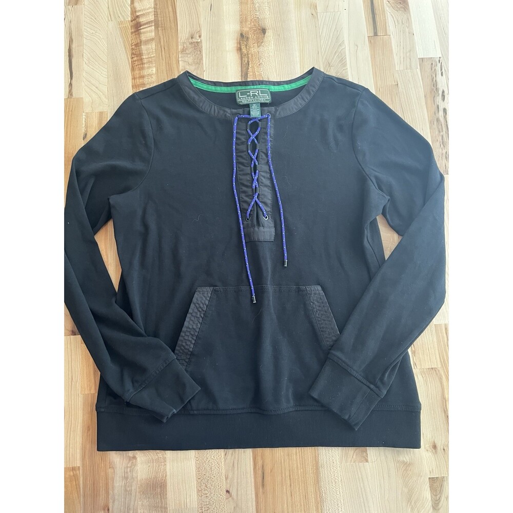 L-RL Ralph Lauren Active Long Sleeve 100% Cotton Lace Up Cord Black Medium